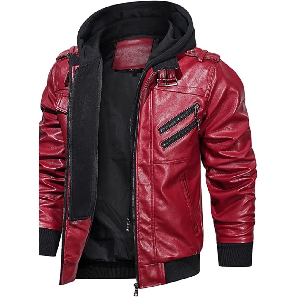 New Men's Removable Hood Vegan Leather Coat